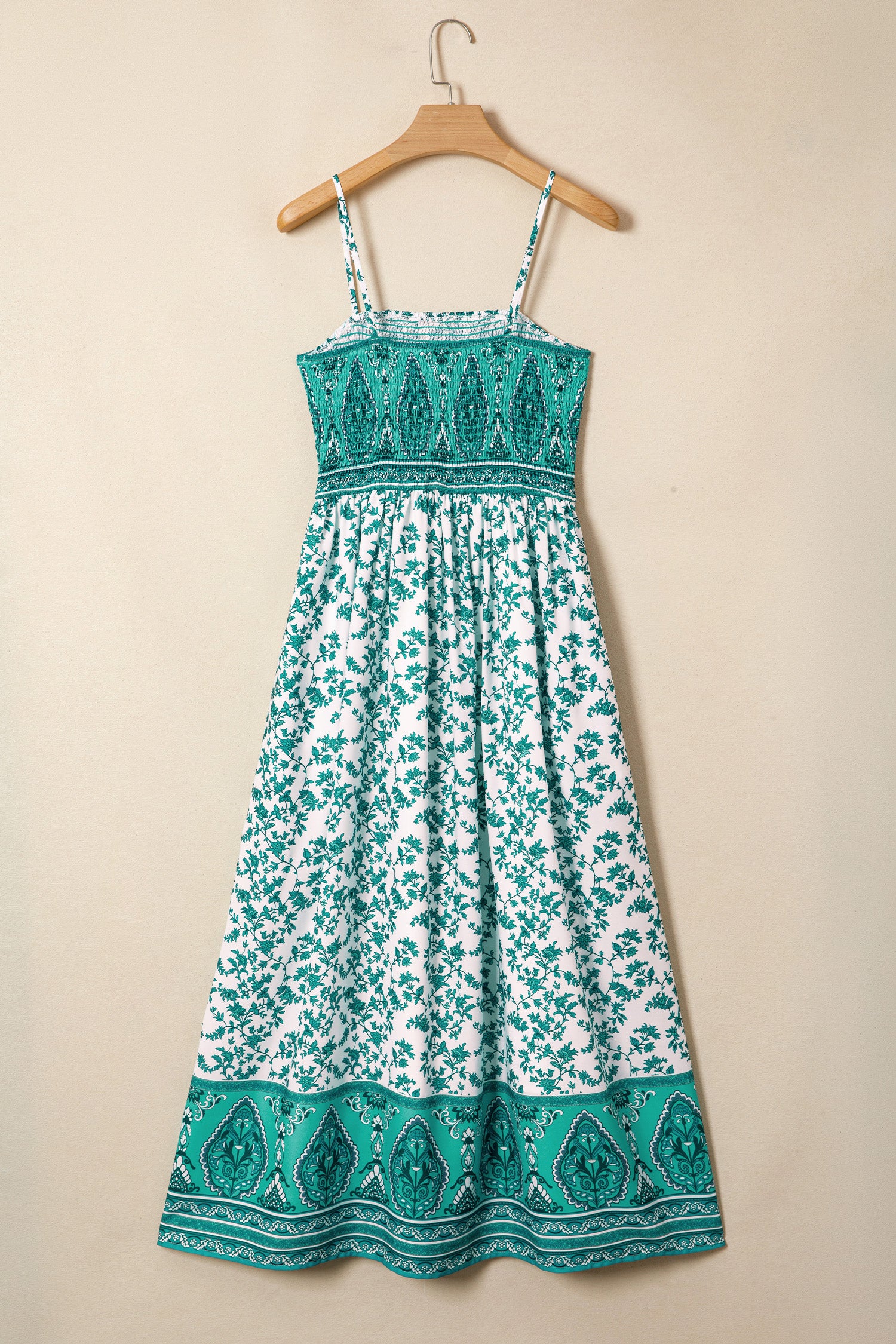 Green Boho Floral Print Shirred Cami Maxi Dress