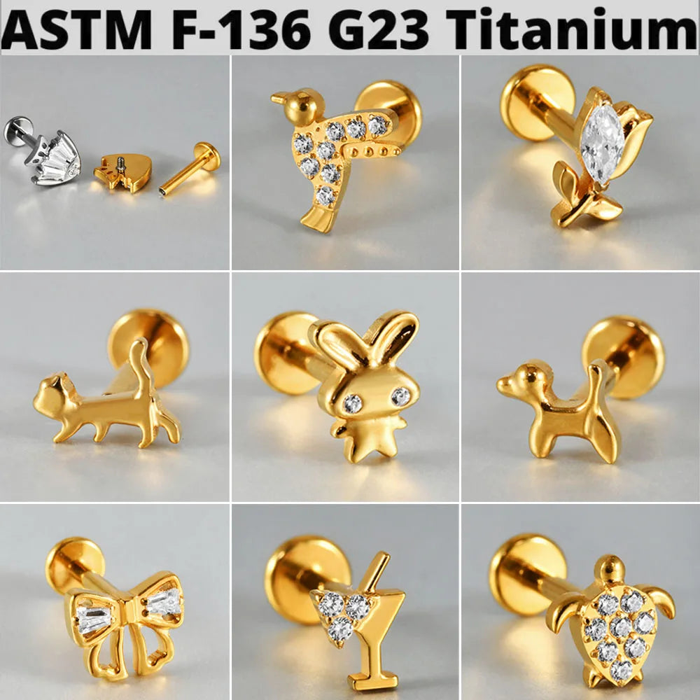 1PC G23 Titanium Simple Dog/Cat CZ Lip Studs Internal Thread Ear Helix Tragus Cartilage Helix Earrings Body Piercing Jewelry 16G