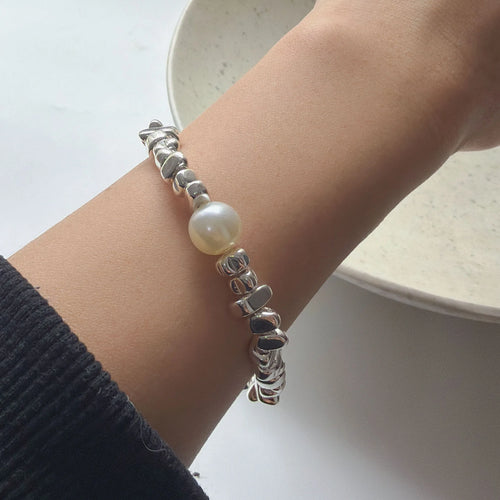 100% Solid 925 Sterling Silver Retro Bracelet for Women Geometric Stone Pearl Simple Bracelet Birthday Gift