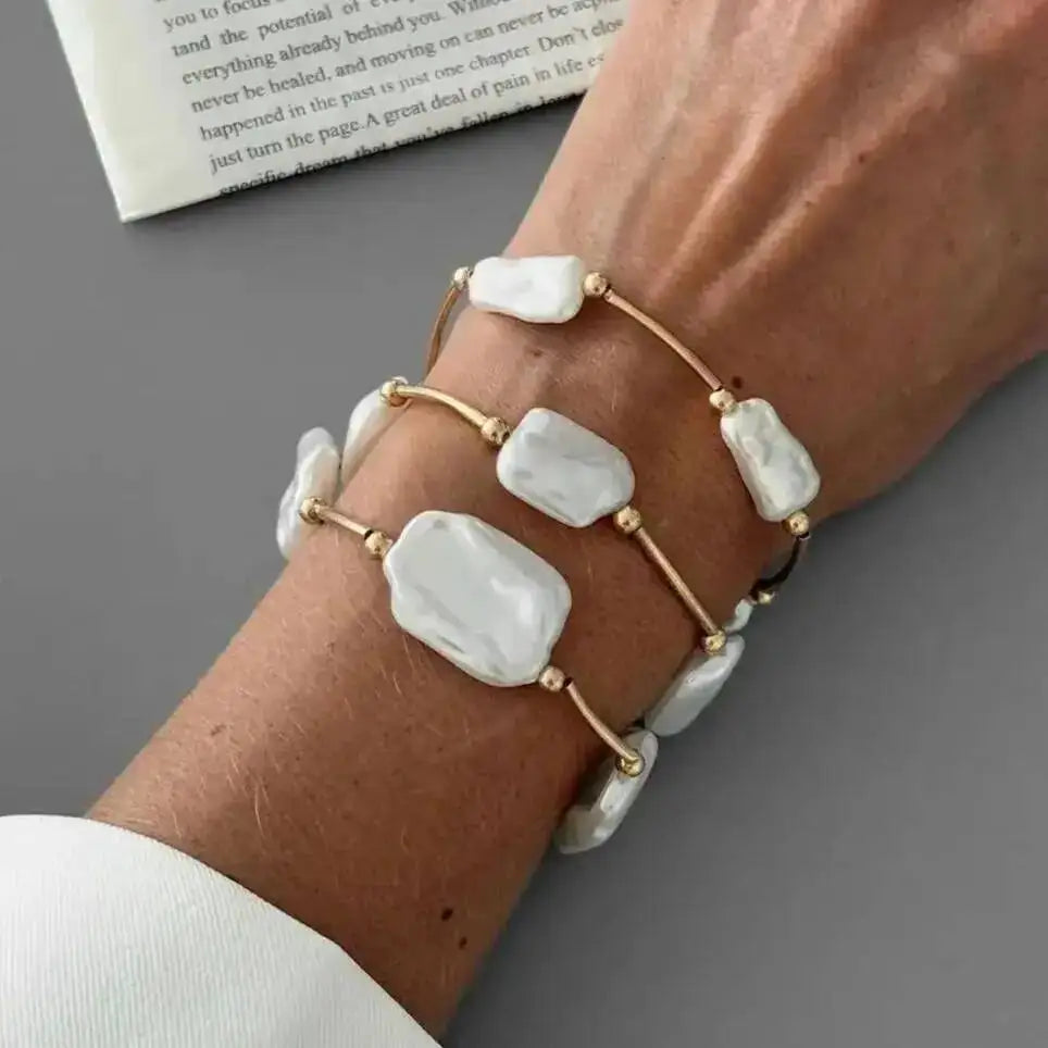 SHIXIN 3Pcs Elegant Irregular Imitation Pearl Bracelet for Women Retro Geometric Multi Layer Stackable Bangle Bracelet Set Gifts