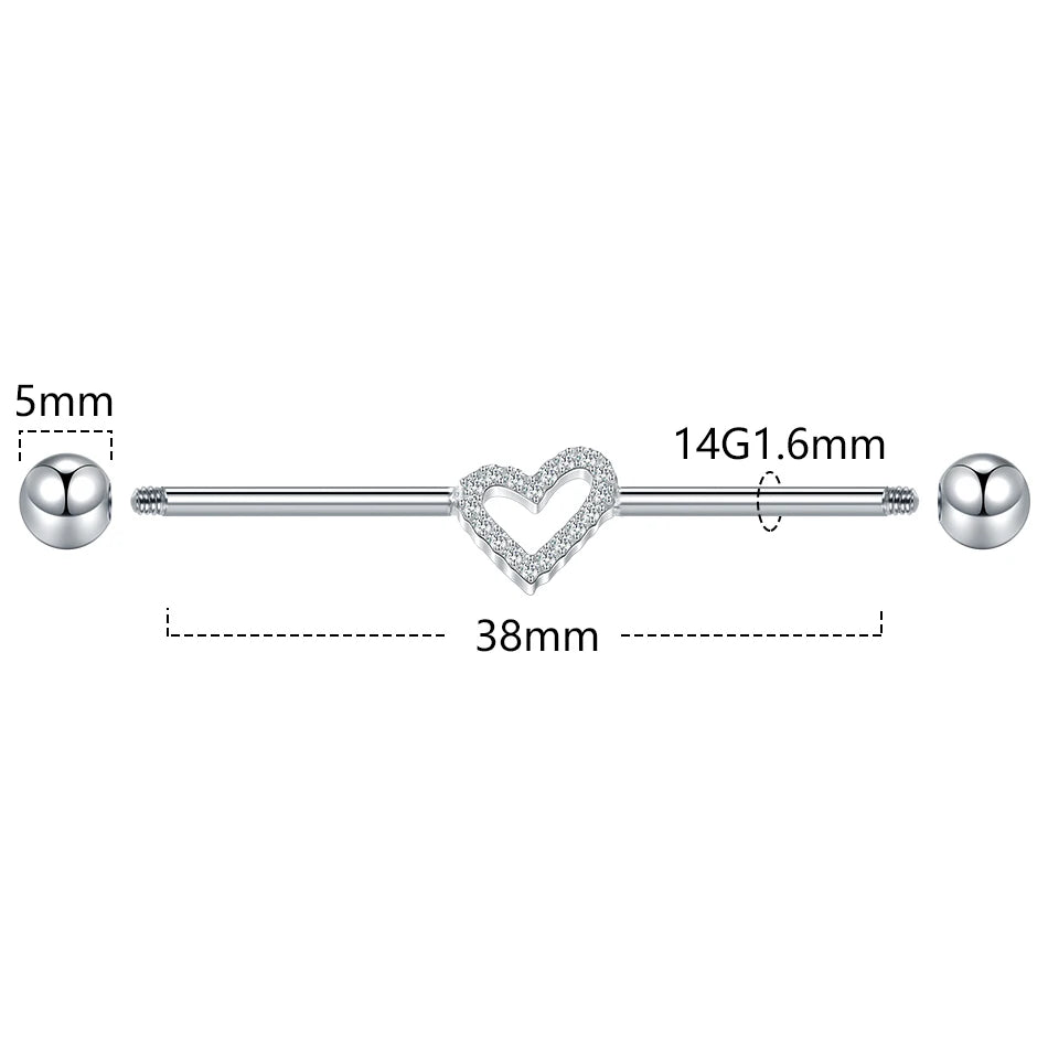 1/5PCS Titanium Industrial Barbell Ear Ring Heart CZ Cartilage Helix Earring Long Bridge Earring Piercing Sexy Jewelry 38mm