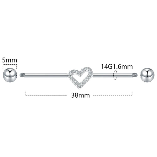 1/5PCS Titanium Industrial Barbell Ear Ring Heart CZ Cartilage Helix Earring Long Bridge Earring Piercing Sexy Jewelry 38mm