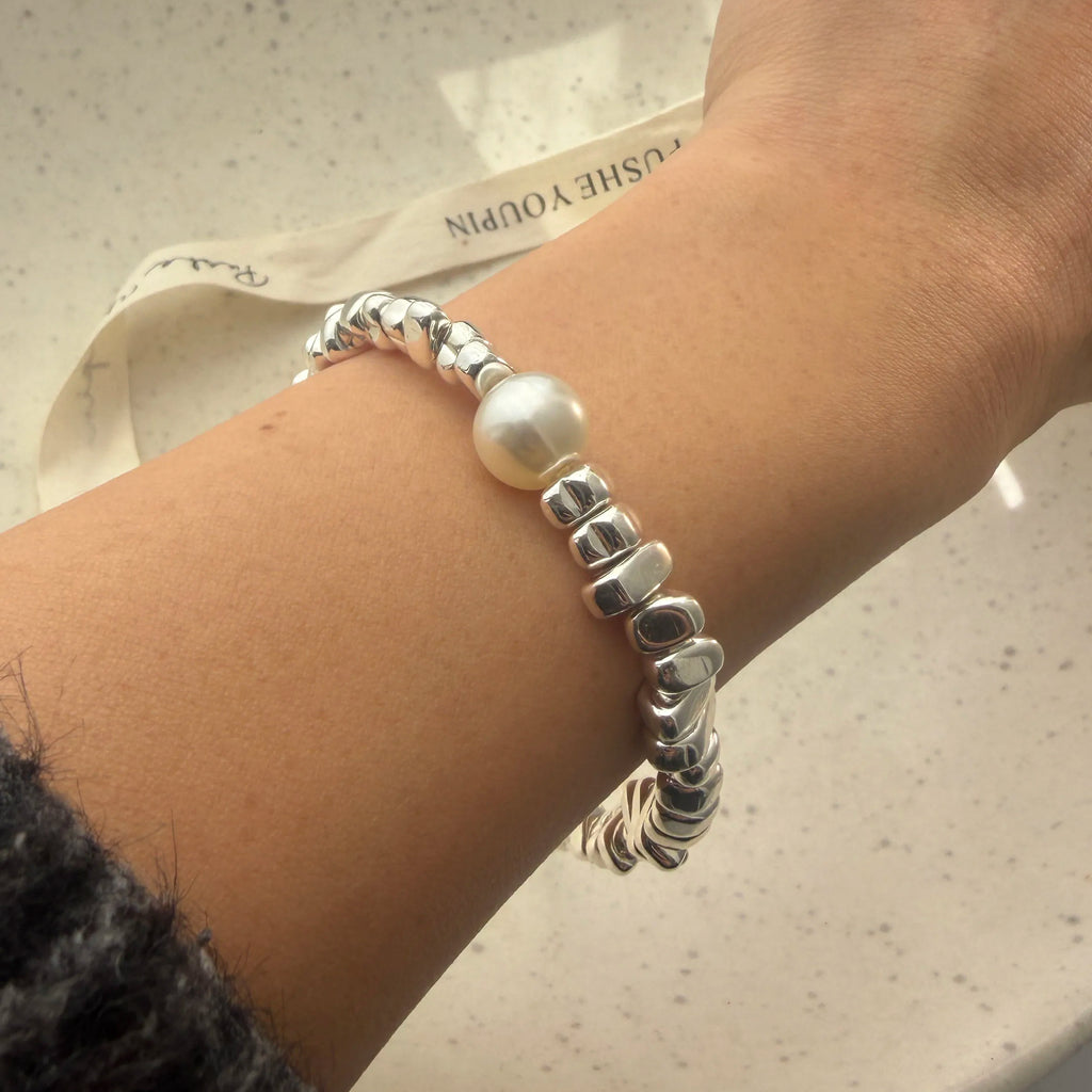 100% Solid 925 Sterling Silver Retro Bracelet for Women Geometric Stone Pearl Simple Bracelet Birthday Gift