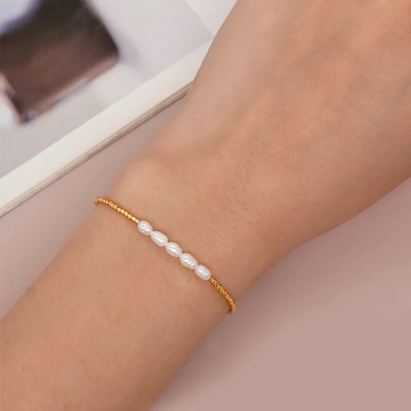 Imitation Pearl Gold Color Beaded Charm Bracelets Elegant Adjustable Bracelet For Women Daily  Wear Jewelry Unique Gift