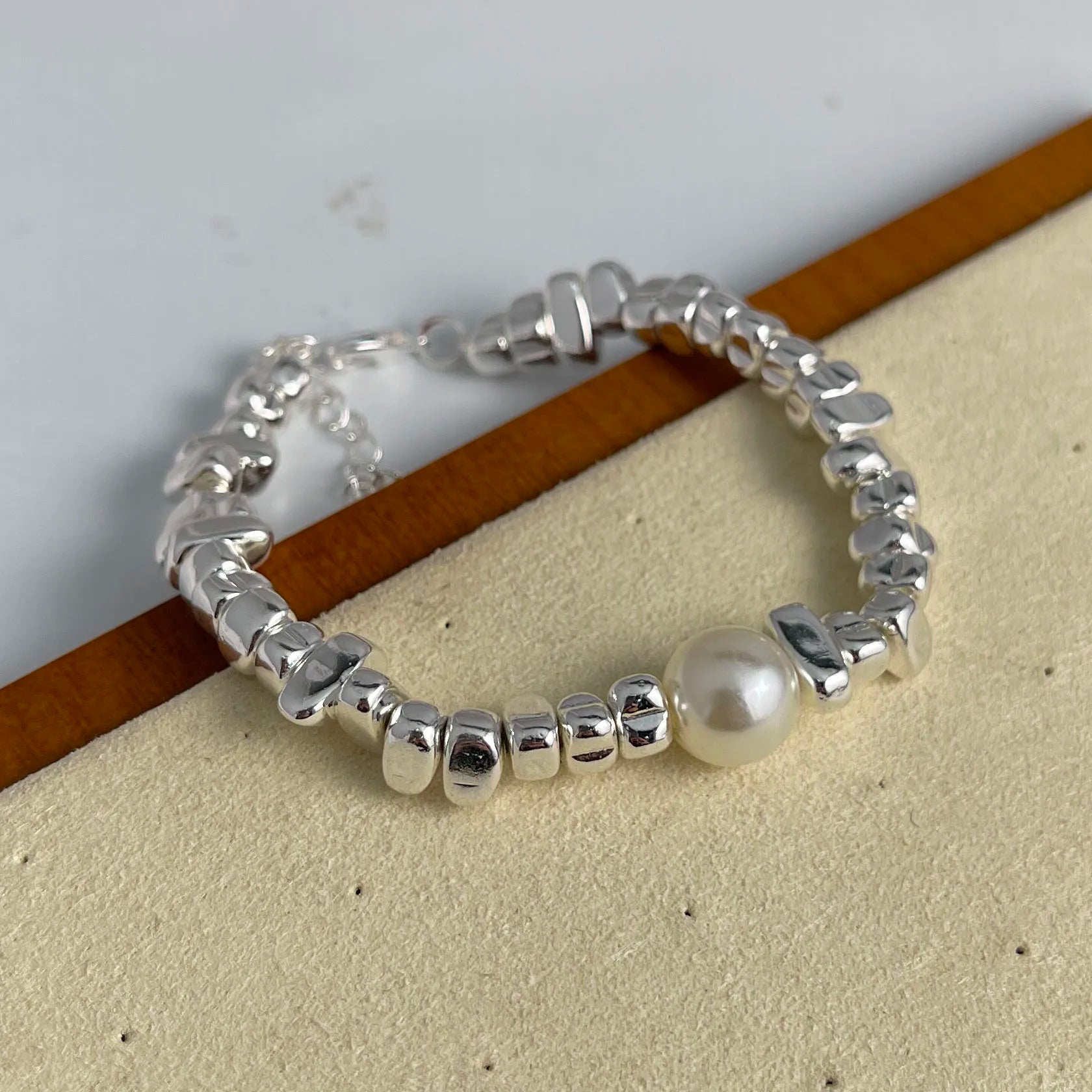 100% Solid 925 Sterling Silver Retro Bracelet for Women Geometric Stone Pearl Simple Bracelet Birthday Gift