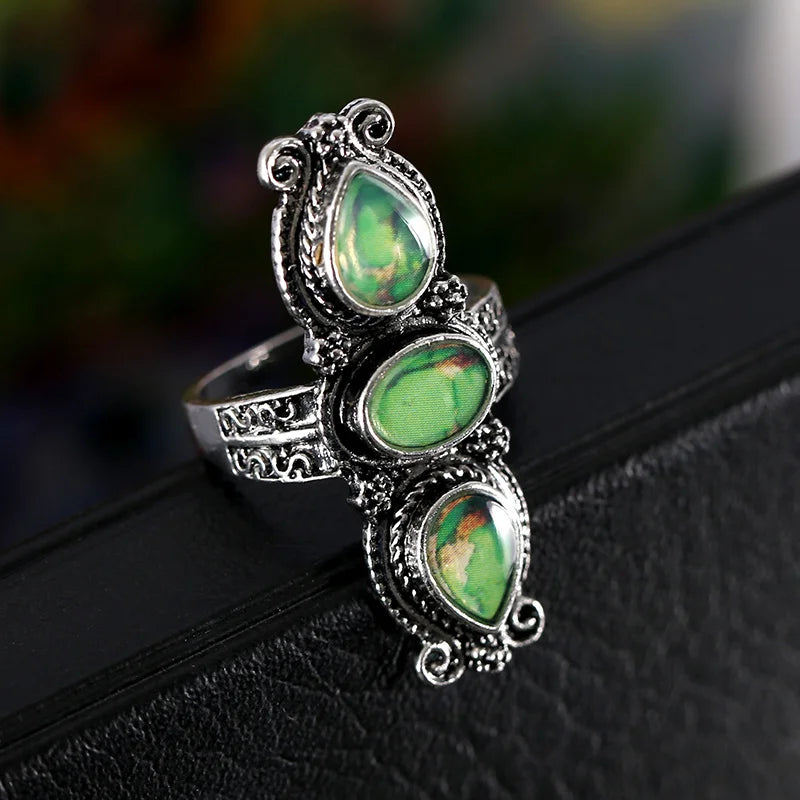 Vintage Bohemian Blue Jade Ring, Alloy, with Blue Jade Plaque, Suitable for Women and Men