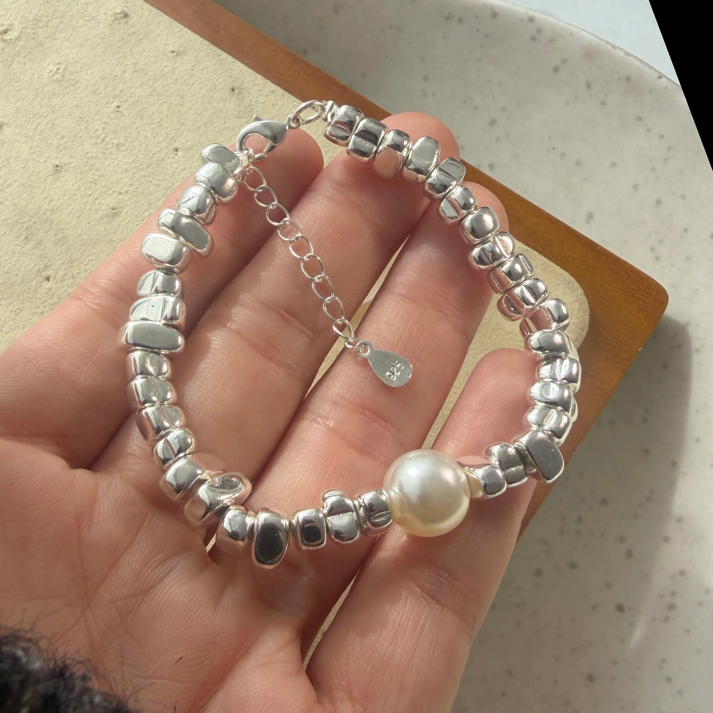 100% Solid 925 Sterling Silver Retro Bracelet for Women Geometric Stone Pearl Simple Bracelet Birthday Gift