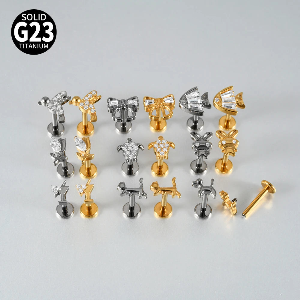 1PC G23 Titanium Simple Dog/Cat CZ Lip Studs Internal Thread Ear Helix Tragus Cartilage Helix Earrings Body Piercing Jewelry 16G