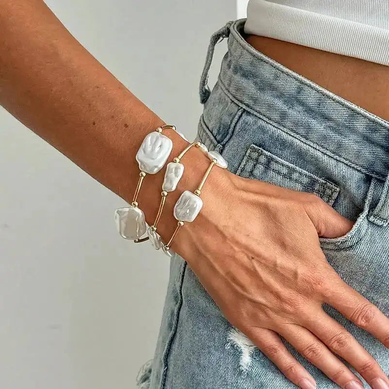 SHIXIN 3Pcs Elegant Irregular Imitation Pearl Bracelet for Women Retro Geometric Multi Layer Stackable Bangle Bracelet Set Gifts