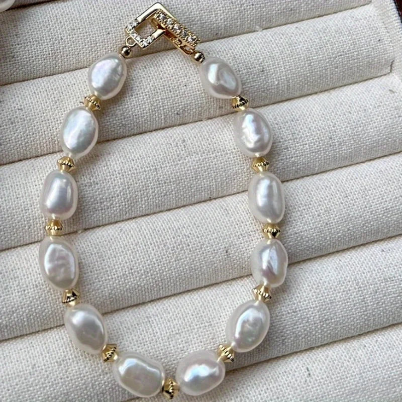 Natural Freshwater Baroque Pearl Bracelet High Luster French Style Unique Irregular Pearl Strand Elegant Wristband