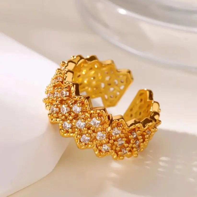 Luxury Zircon Geometric Ring for Women Gold Plated Stainless Steel Ring Hypoallergenic Wedding Christmas Jewelry Gift
