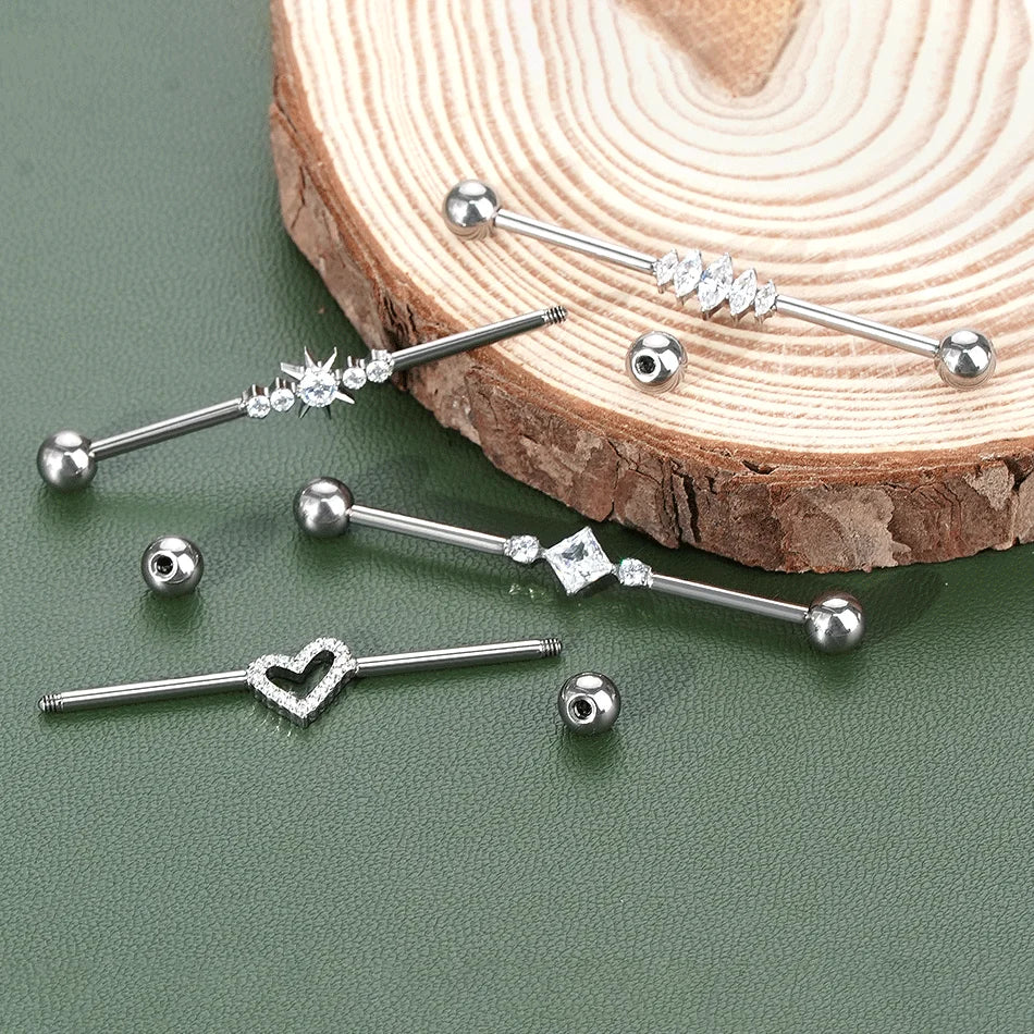 1/5PCS Titanium Industrial Barbell Ear Ring Heart CZ Cartilage Helix Earring Long Bridge Earring Piercing Sexy Jewelry 38mm