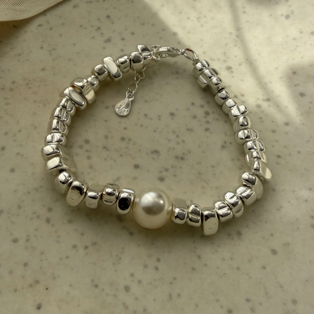 100% Solid 925 Sterling Silver Retro Bracelet for Women Geometric Stone Pearl Simple Bracelet Birthday Gift