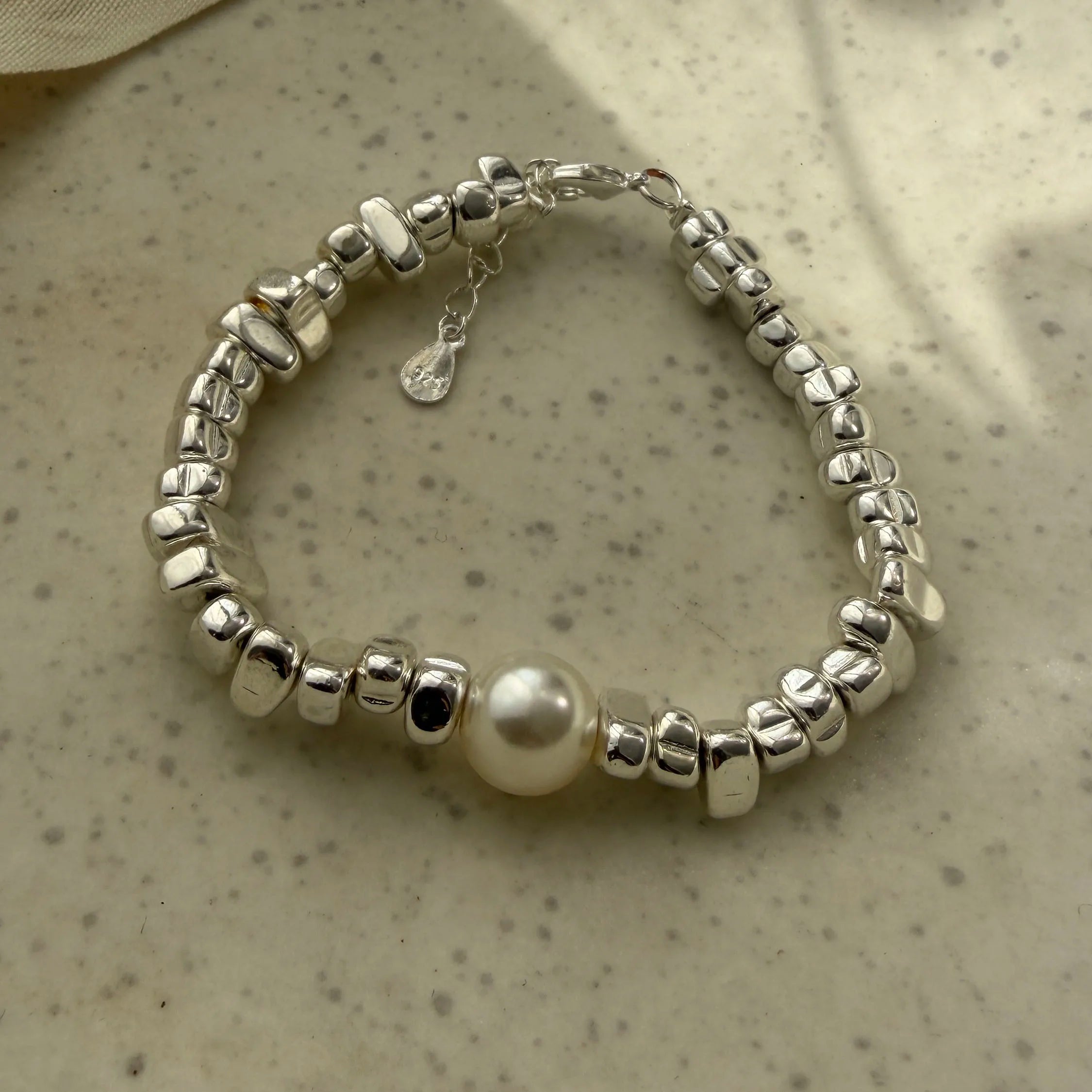 100% Solid 925 Sterling Silver Retro Bracelet for Women Geometric Stone Pearl Simple Bracelet Birthday Gift